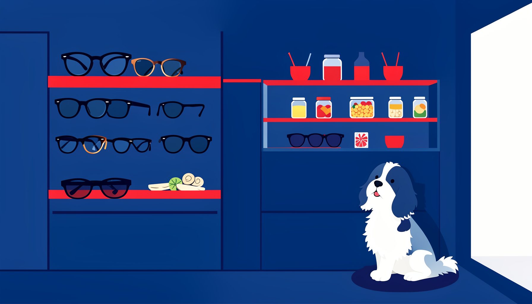 Illustration vectorielle plane d'un intérieur lumineux et moderne avec des étagères présentant des lunettes de soleil élégantes, des bocaux d'aliments sains et un chien caniche, dans des tons bleu marine profond, blanc et rouge accent